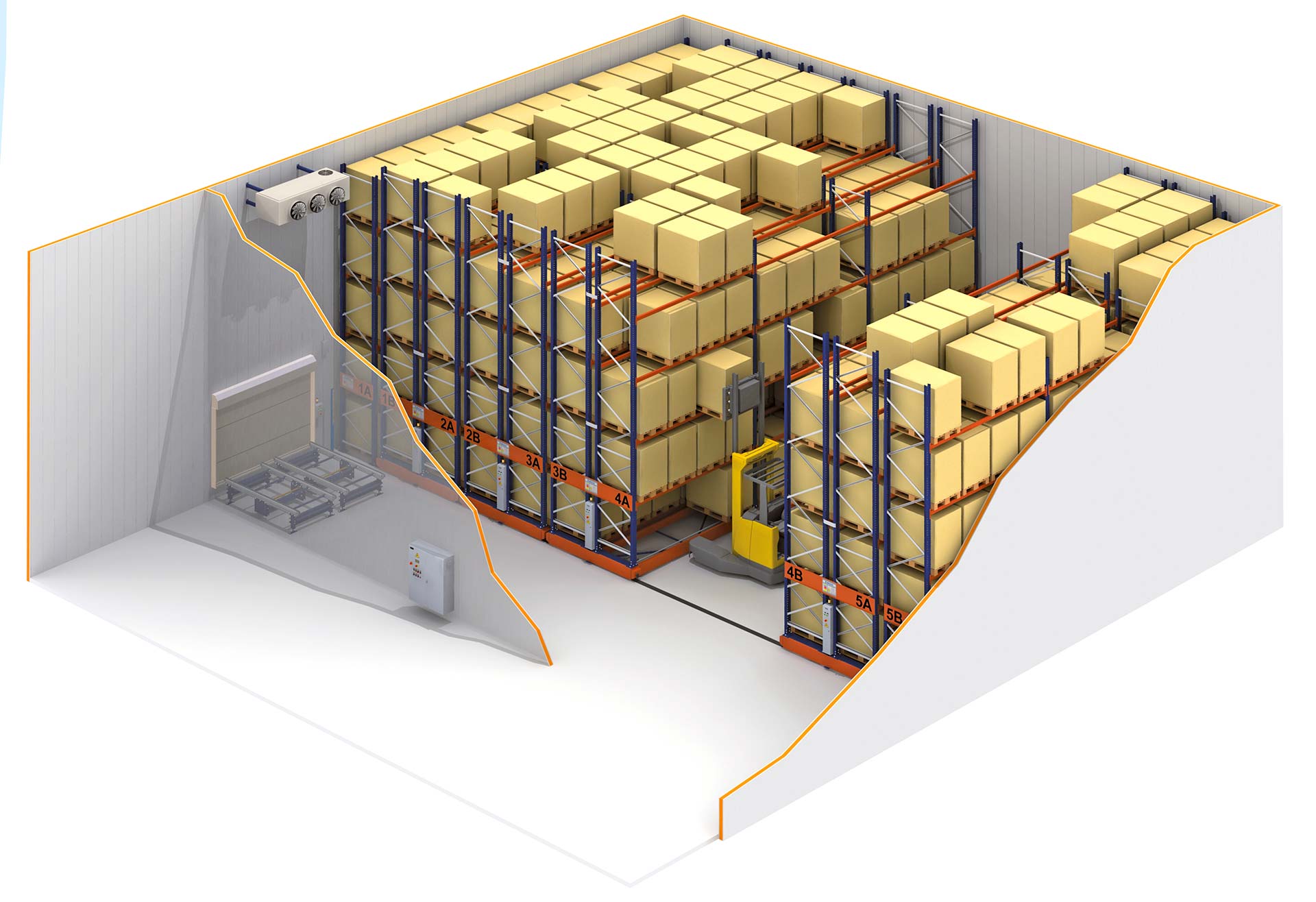 對於冷藏倉庫，帶有移動底座的架子可確保最大的存儲容量